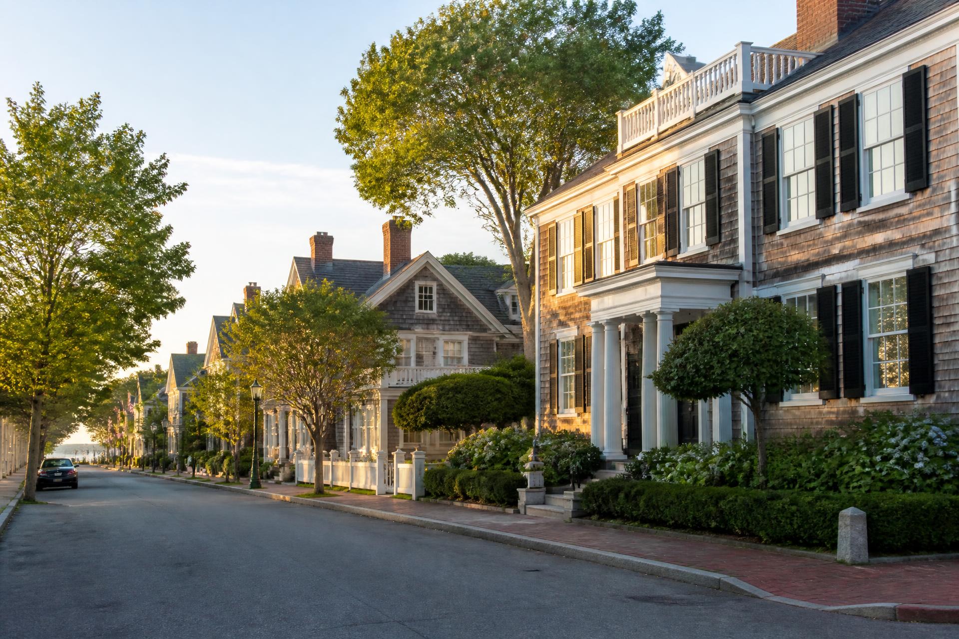 Tree-lined street of classic Rhode Island homes at golden hour